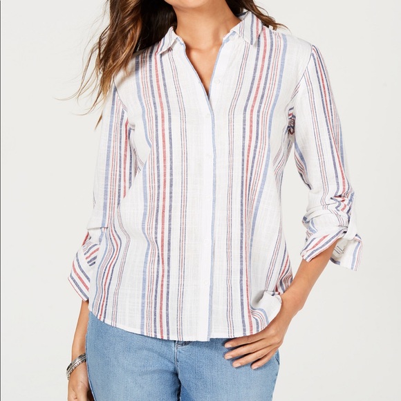 Charter Club Tops - Charter Club Striped Button-Front Roll-Tab-Sleeve